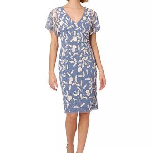 Adrianna Papell Women's Blue Beaded Dolman-Sleeve Sheath Mesh Dress Size 8